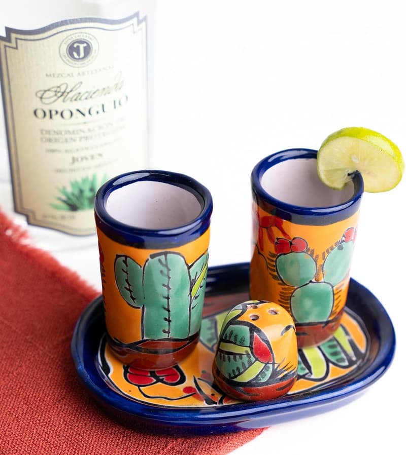 Hand-Painted Talavera Tequila Shot Glass Set with Tray