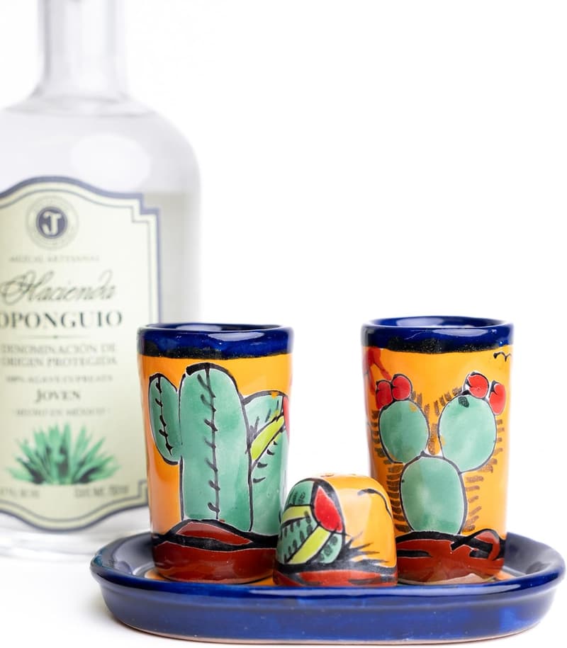 Hand-Painted Talavera Tequila Shot Glass Set with Tray