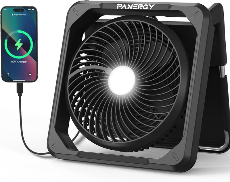 Portable Solar Camping Fan with Light - Battery & Solar Powered