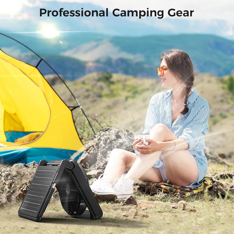 Portable Solar Camping Fan with Light - Battery & Solar Powered