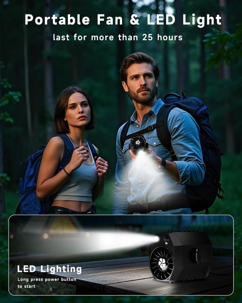 Portable Rechargeable Fan with LED Light - 25H Runtime, Black