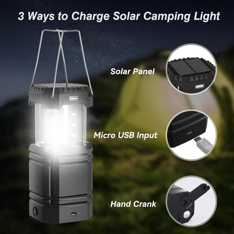Portable Solar Camping Lantern with USB Charger & 3000mAh Battery