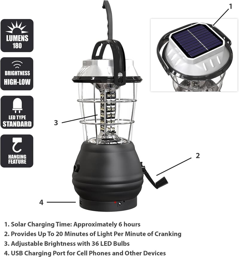 Camping Solar Lantern - Hand Crank & Rechargeable LED Light