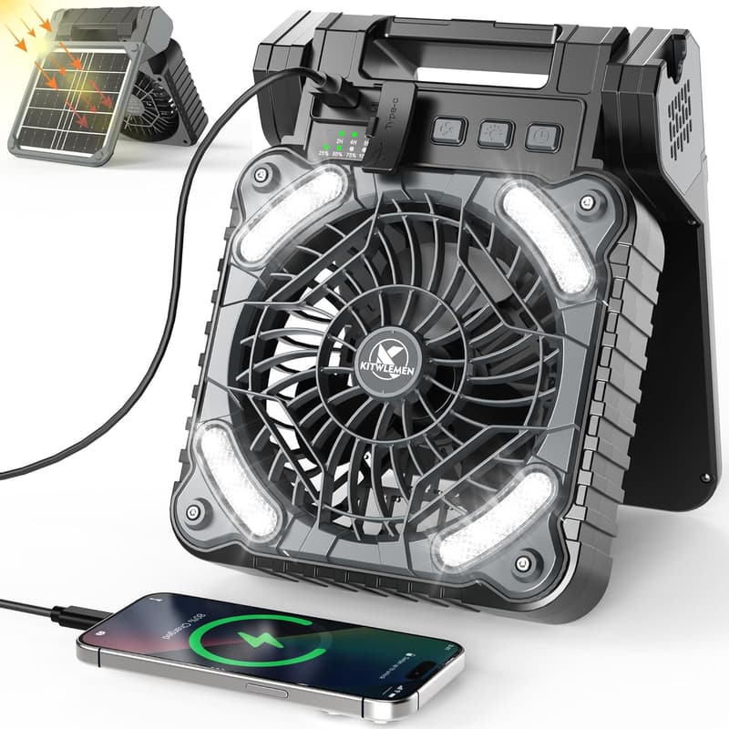 Rechargeable Solar Camping Fan with Lantern - 18H Run Time, 4 Speeds