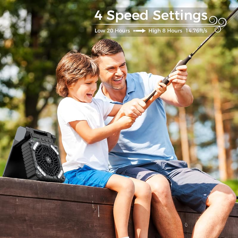Rechargeable Solar Camping Fan with Lantern - 18H Run Time, 4 Speeds