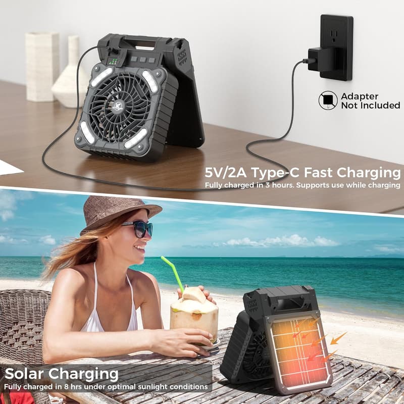 Rechargeable Solar Camping Fan with Lantern - 18H Run Time, 4 Speeds