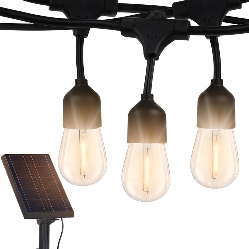 48ft Solar LED Patio String Lights - Waterproof, 15 Edison Bulbs
