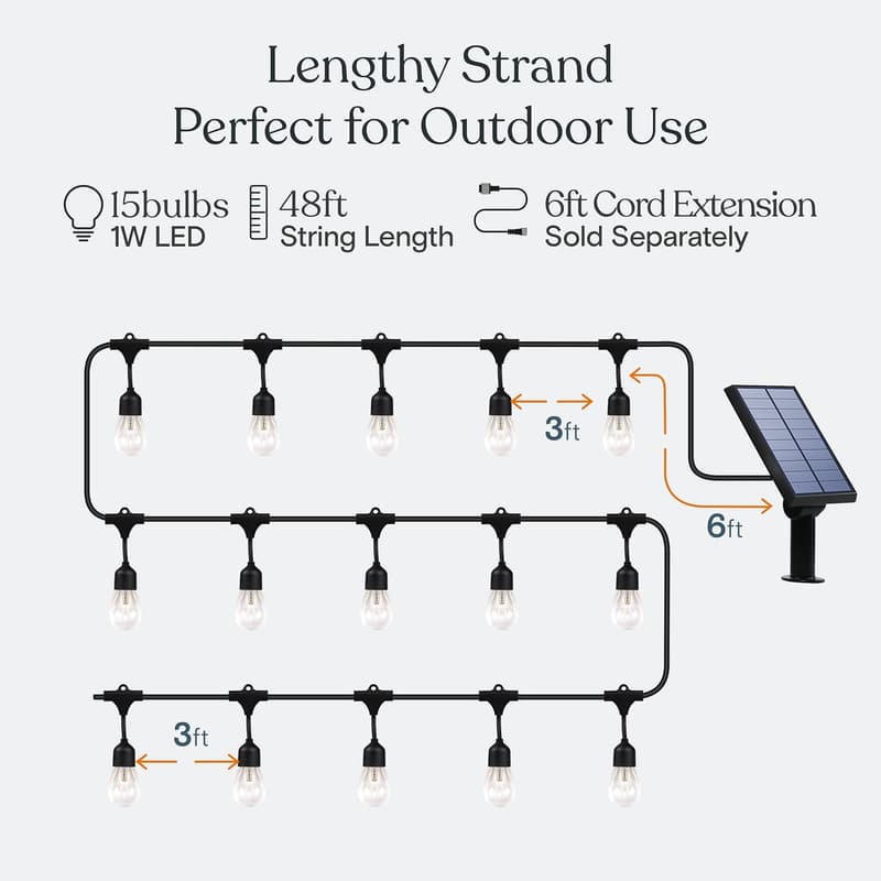 48ft Solar LED Patio String Lights - Waterproof, 15 Edison Bulbs