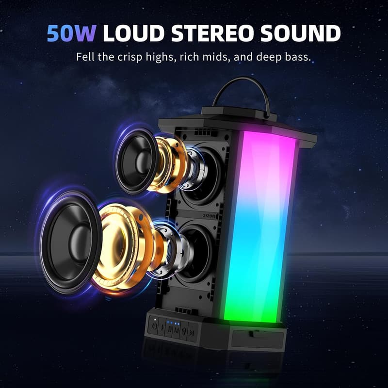 Bluetooth Outdoor Speaker with Lights, 50W, IPX5 Waterproof