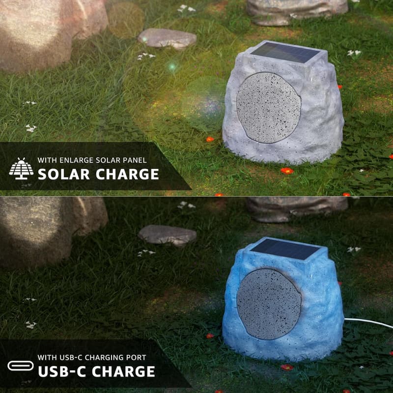 Solar Powered Outdoor Rock Speakers with Lights - Water-Resistant