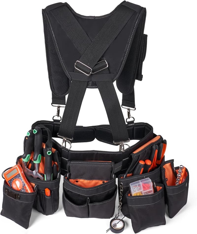 Heavy Duty Tool Belt with Suspenders - 22 Pockets, Orange