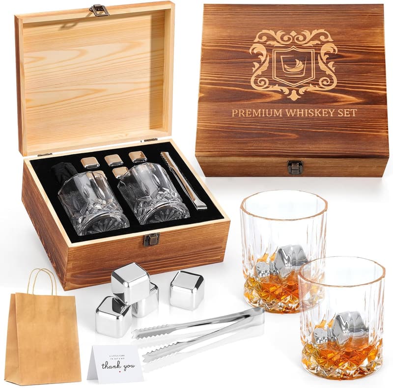 Whiskey Glasses Set with Stones and Wooden Box - Gift for Men