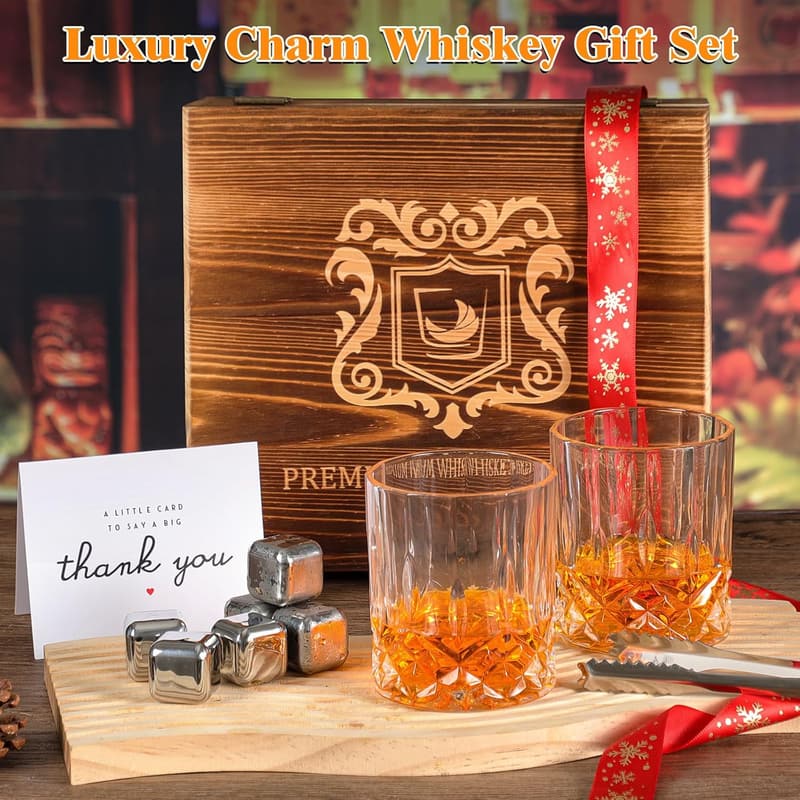 Whiskey Glasses Set with Stones and Wooden Box - Gift for Men