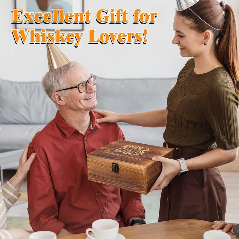 Whiskey Glasses Set with Stones and Wooden Box - Gift for Men
