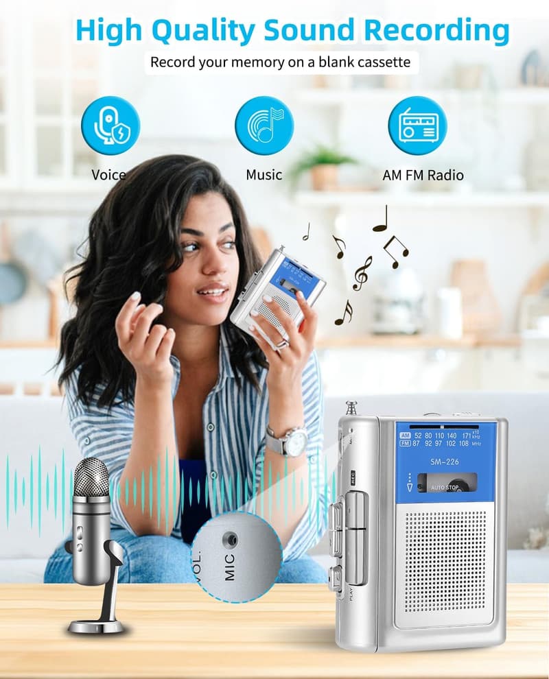 Portable Vintage Cassette Player with Headphones and Microphone