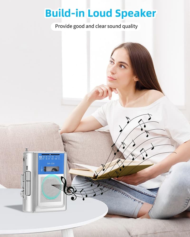 Portable Vintage Cassette Player with Headphones and Microphone