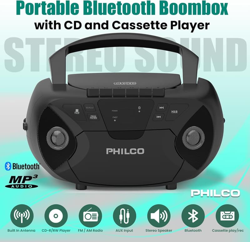Philco Bluetooth Boombox with CD, Cassette, and FM Radio