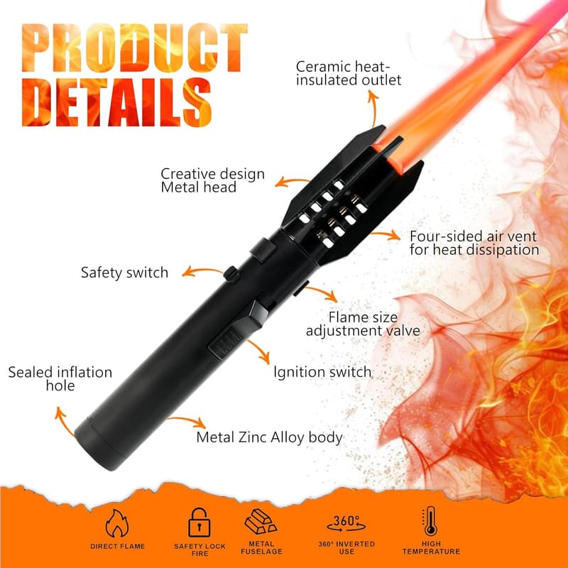 Adjustable Windproof Torch Lighter for Camping and BBQ (Black)