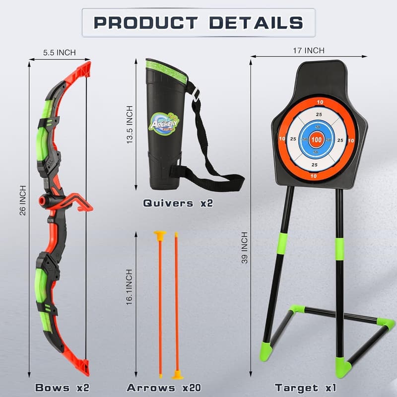 Kids LED Light-Up Bow and Arrow Set with 20 Arrows - Age 4-12