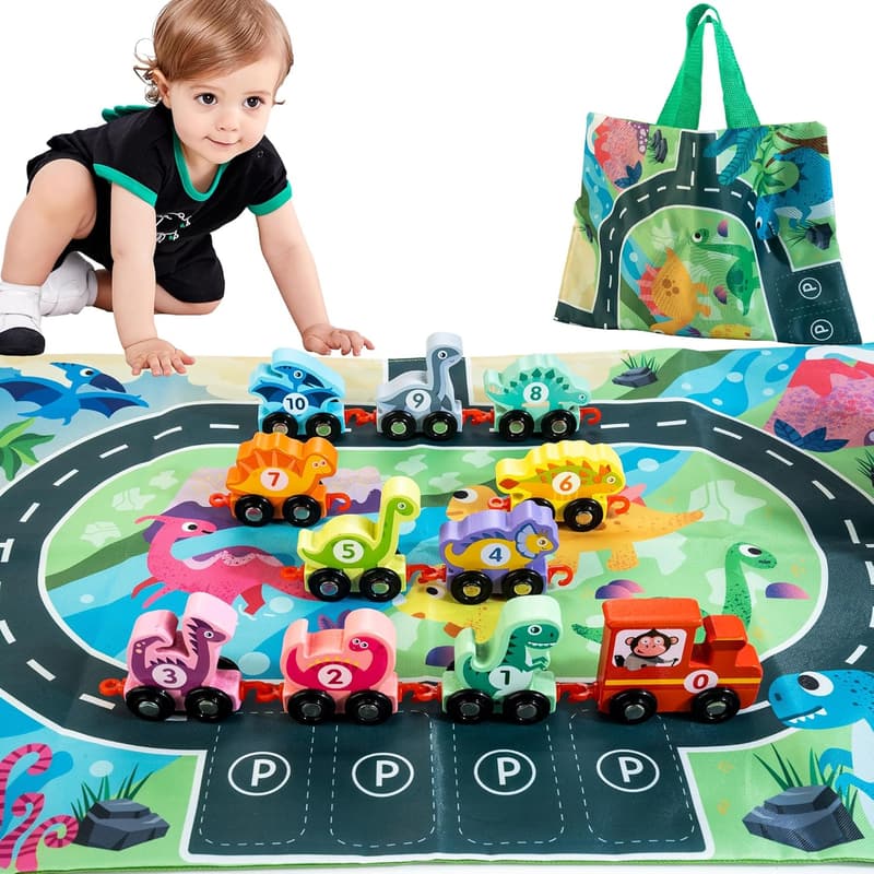 Wooden Dinosaur Train Set with Playmat for Toddlers 2+ 年