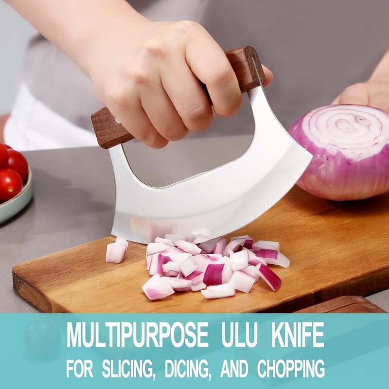 Mezzaluna Ulu Knife with Stand for Pizza, Meat & Vegetables
