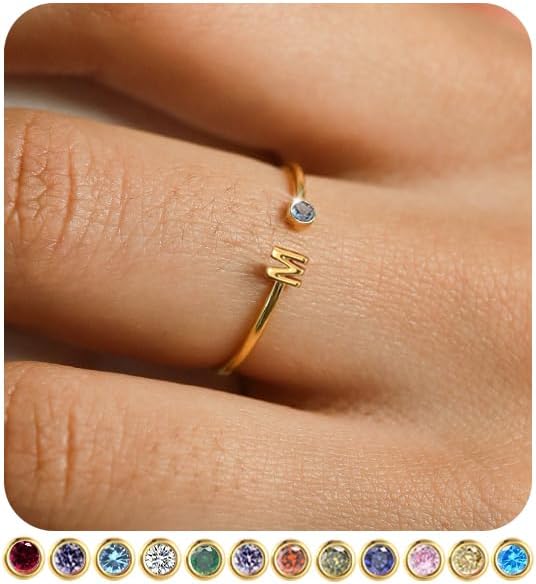 Emerald Green Initial Birthstone Ring for Women - Adjustable, Dainty