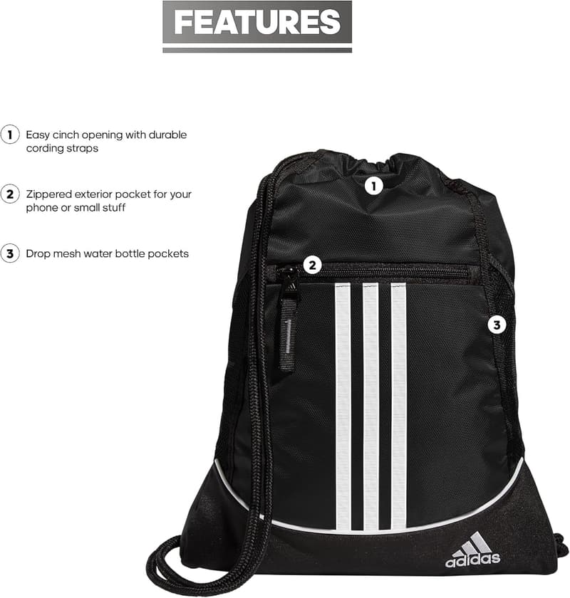 adidas Alliance Drawstring Backpack, Lightweight Gym Bag