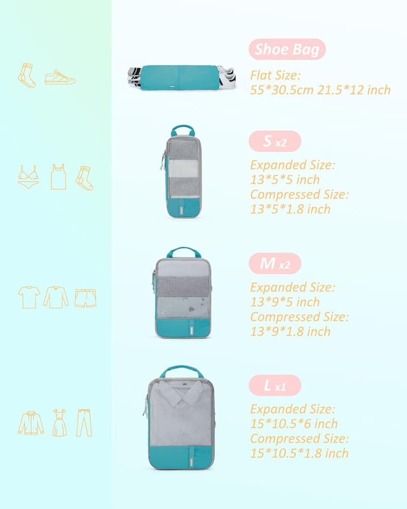 Lightweight Compression Packing Cubes - 6 Set Travel Organizers