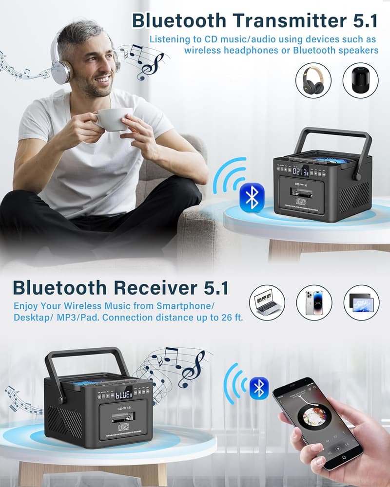 Bluetooth Cassette CD Player with Rechargeable 5000mAh Battery