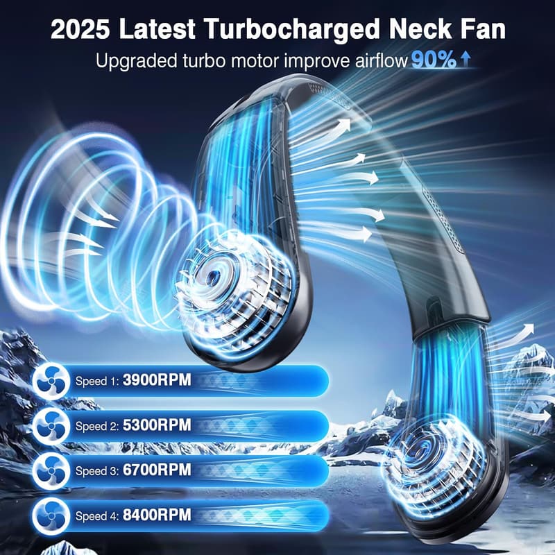ChillGo Portable Neck Fan - 5200mAh Rechargeable, 4 Speeds, Black