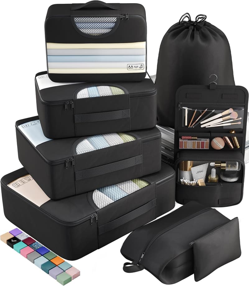 Packing Cubes Set for Travel - Black Organizer Bags (8 pcs)