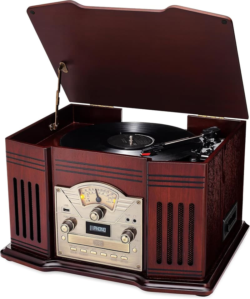 All-in-One Turntable with Bluetooth & CD – Handmade Wooden Design