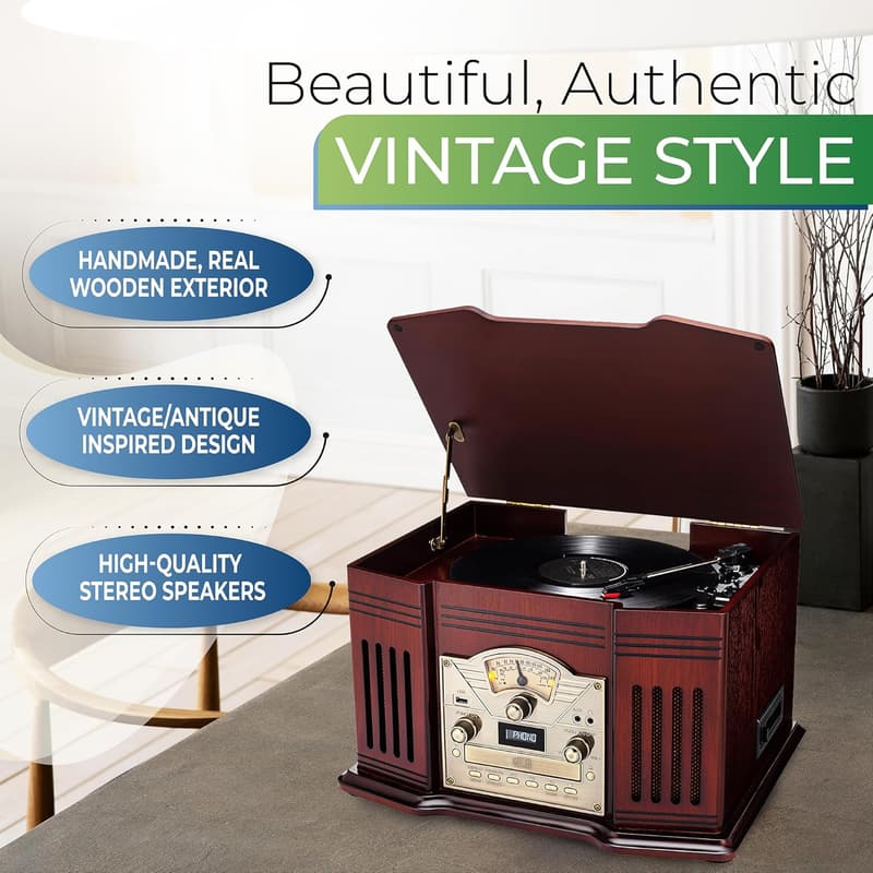 All-in-One Turntable with Bluetooth & CD – Handmade Wooden Design