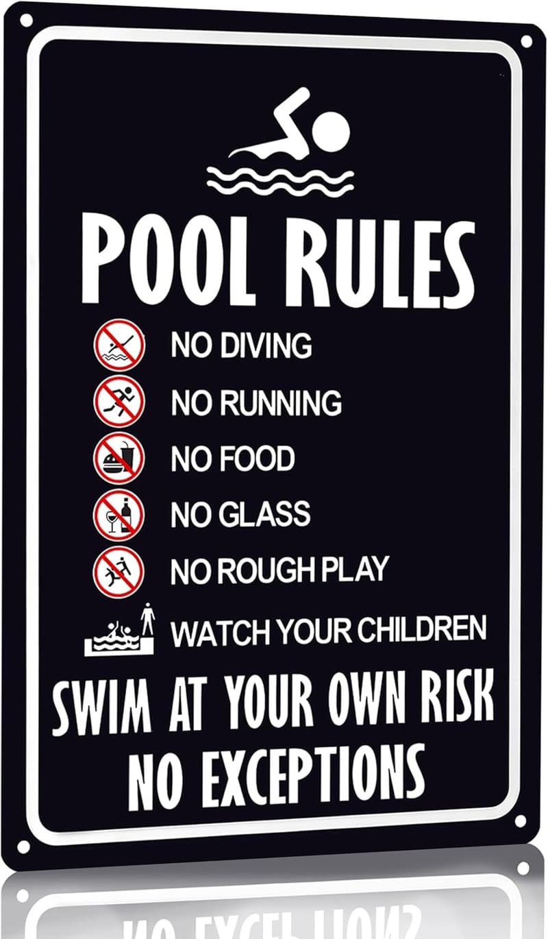 Vintage Pool Rules Sign - Swim at Your Own Risk - 8x12 Inches
