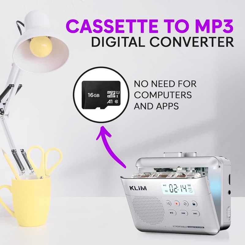 Portable Cassette to MP3 Converter with Built-in Microphone – Silver