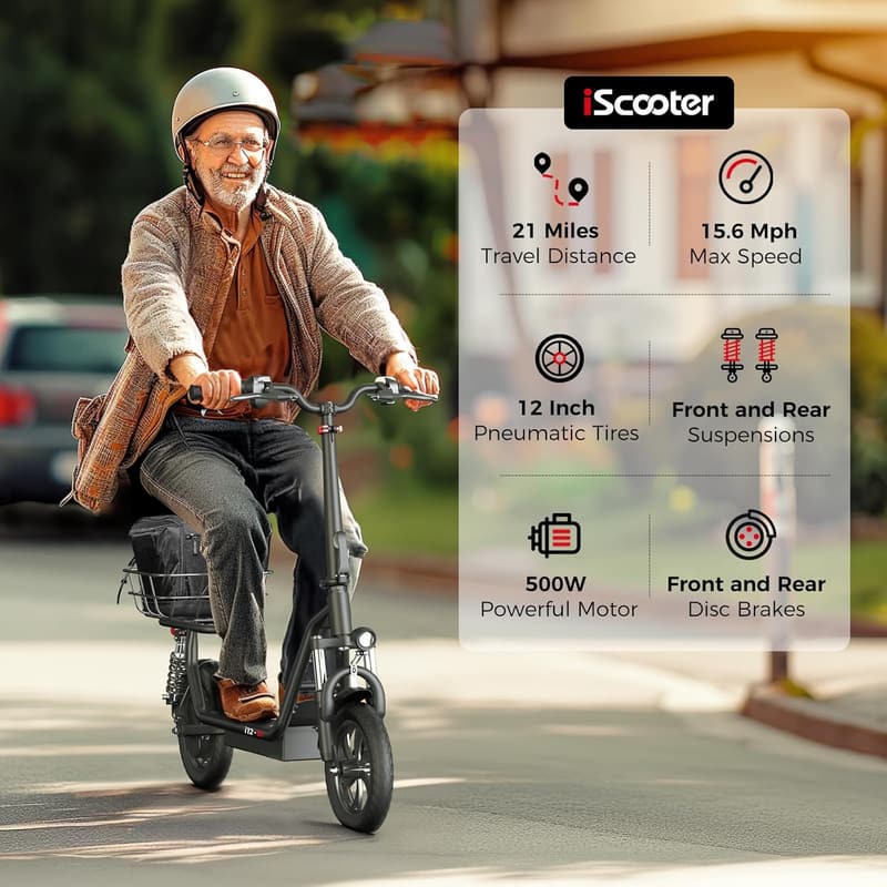 iScooter Commuting Electric Scooter with Adjustable Seat & Basket