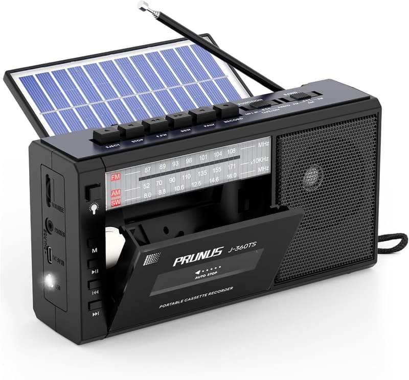Bluetooth Cassette Tape Player Boombox - AM/FM, Solar/Battery Operated