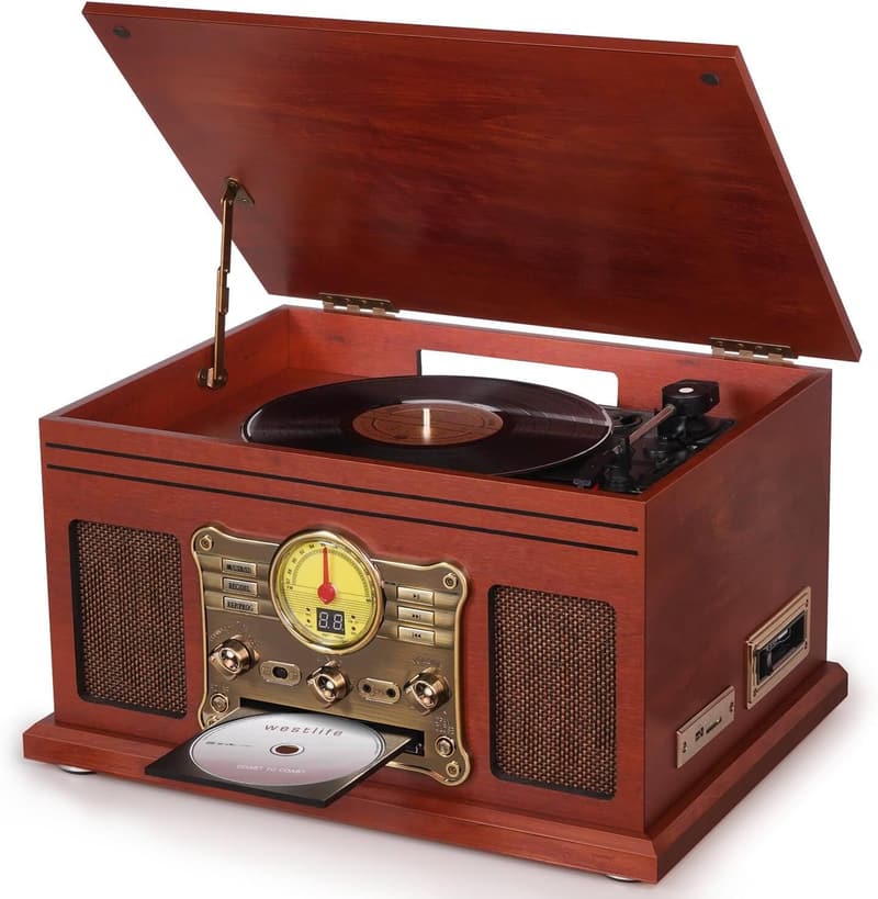 10-in-1 Bluetooth Vinyl Turntable with Speakers - Mahogany