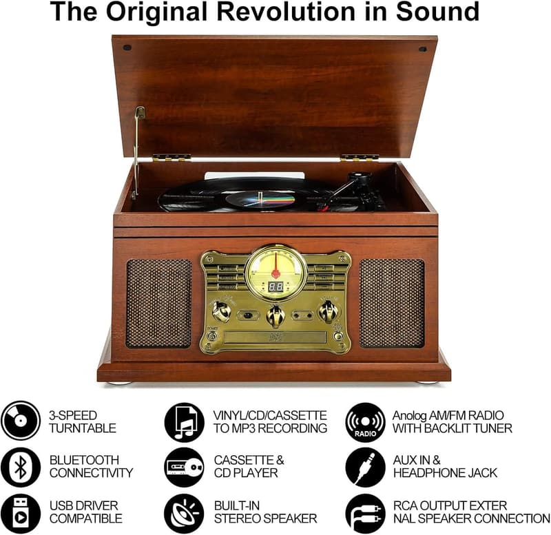 10-in-1 Bluetooth Vinyl Turntable with Speakers - Mahogany