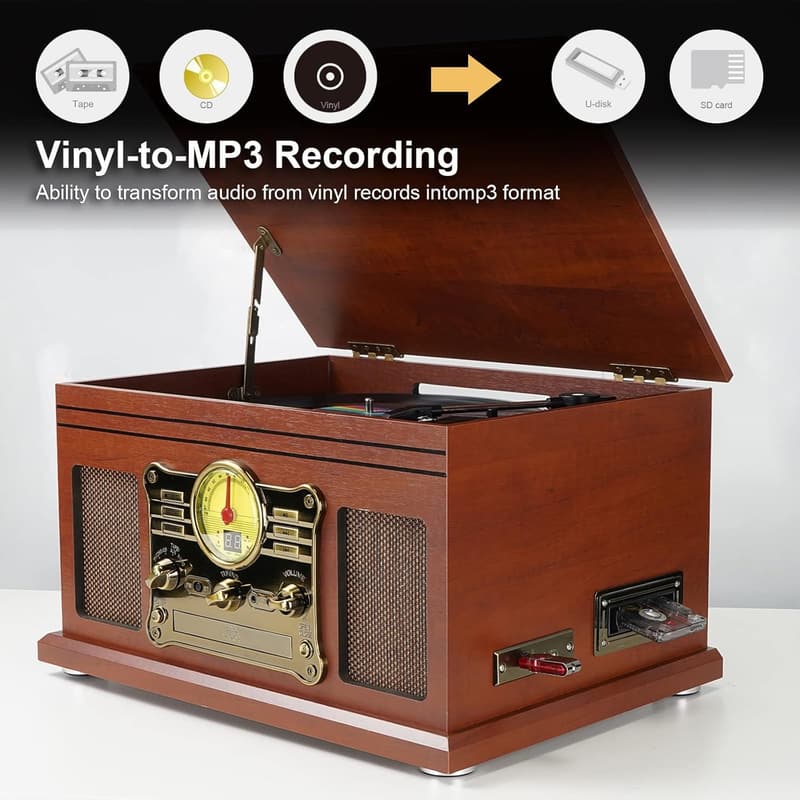 10-in-1 Bluetooth Vinyl Turntable with Speakers - Mahogany