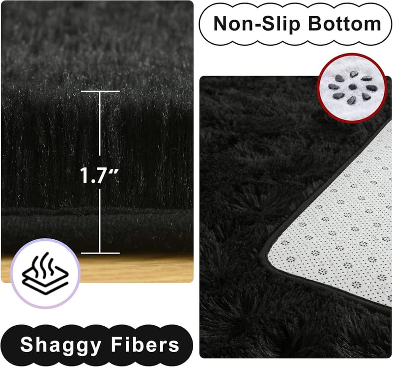 Faux Fur Shag Area Rug 4x6 Feet – Soft Black Kids' Room Decor