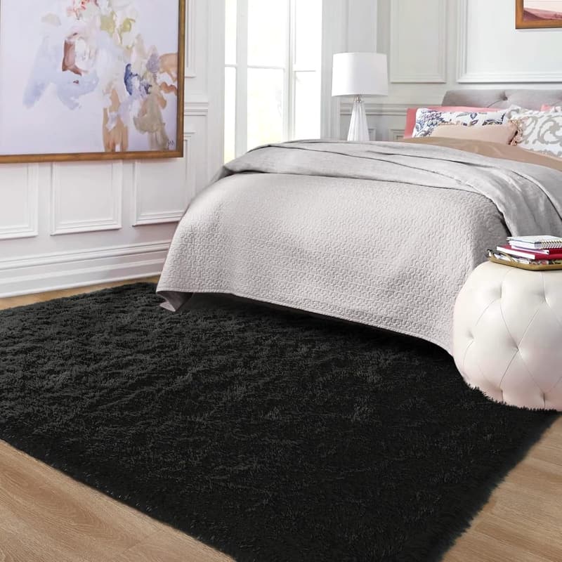 Faux Fur Shag Area Rug 4x6 Feet – Soft Black Kids' Room Decor