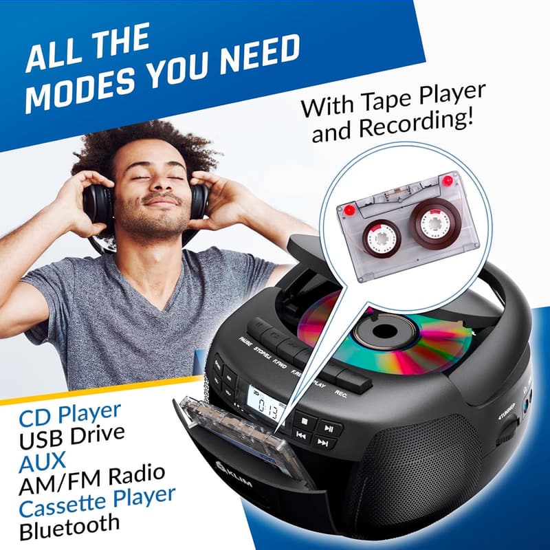Bluetooth CD and Cassette Player Boombox with AM/FM Radio