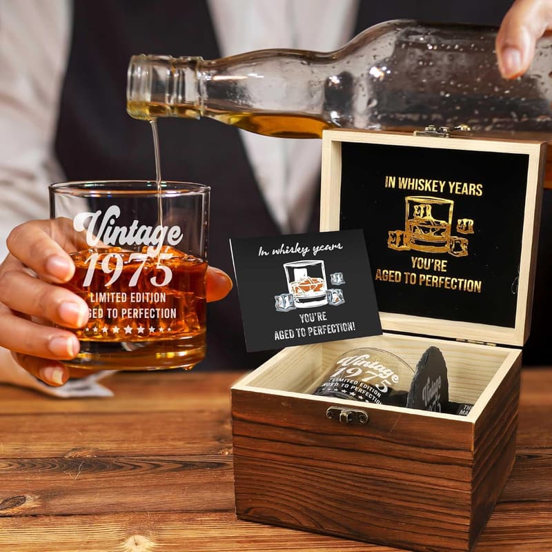 50th Birthday Whiskey Glass Set with Coaster & Stones for Him