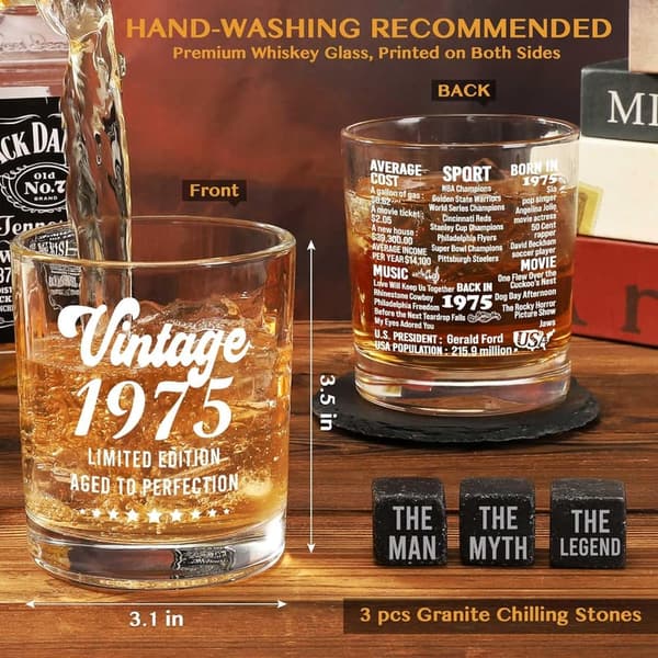 50th Birthday Whiskey Glass Set with Coaster & Stones for Him