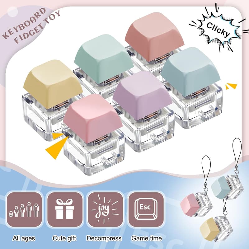 Fidget Clicker Keychain Set - 6 Macaron Stress Relief Toys