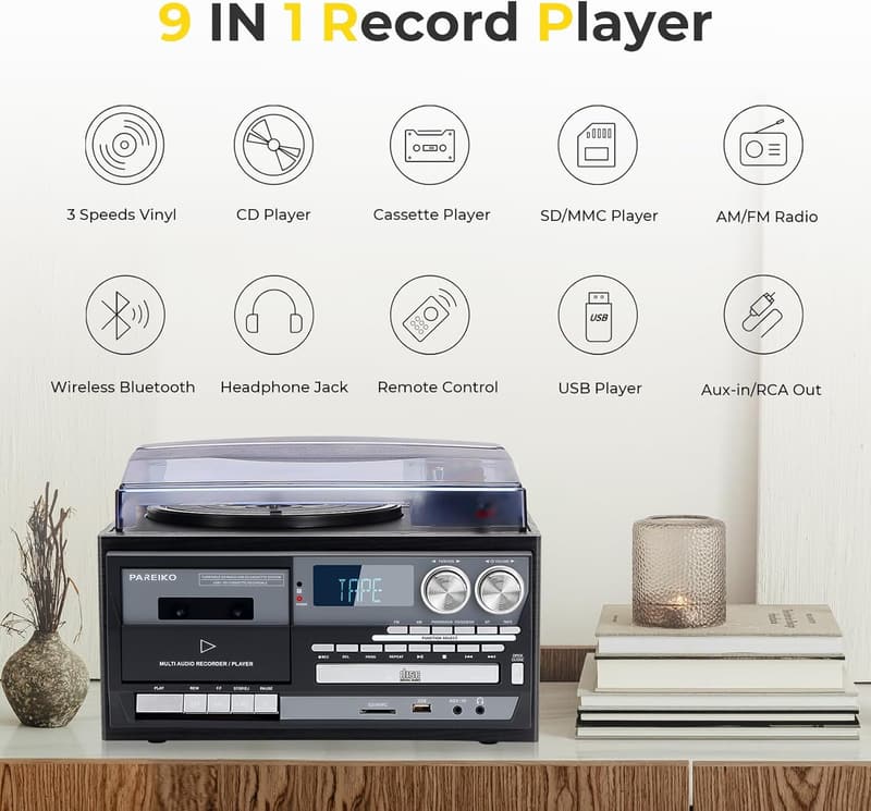 9-in-1 Vintage Record Player with Bluetooth & Built-in Speakers