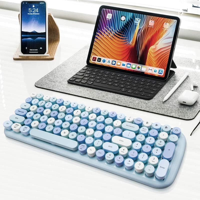 Bluetooth Wireless Keyboard with Colorful Round Keys - Blue