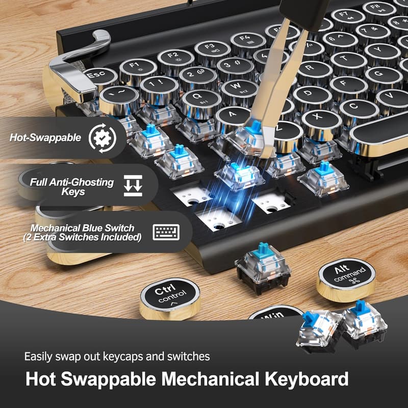 Wireless Bluetooth Retro Typewriter Mechanical Keyboard - Black