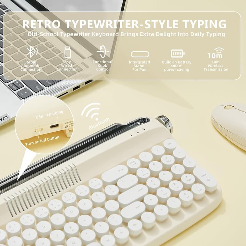 Wireless Retro Typewriter Keyboard with Stand - Bluetooth/USB-C (Ivory Butter)